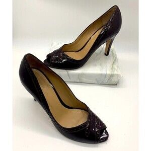 FACONNABLE PATENT LEATHER PEEP TOE PERFORATION PUMPS SHOES WOMEN'S 8.0 Burgundy